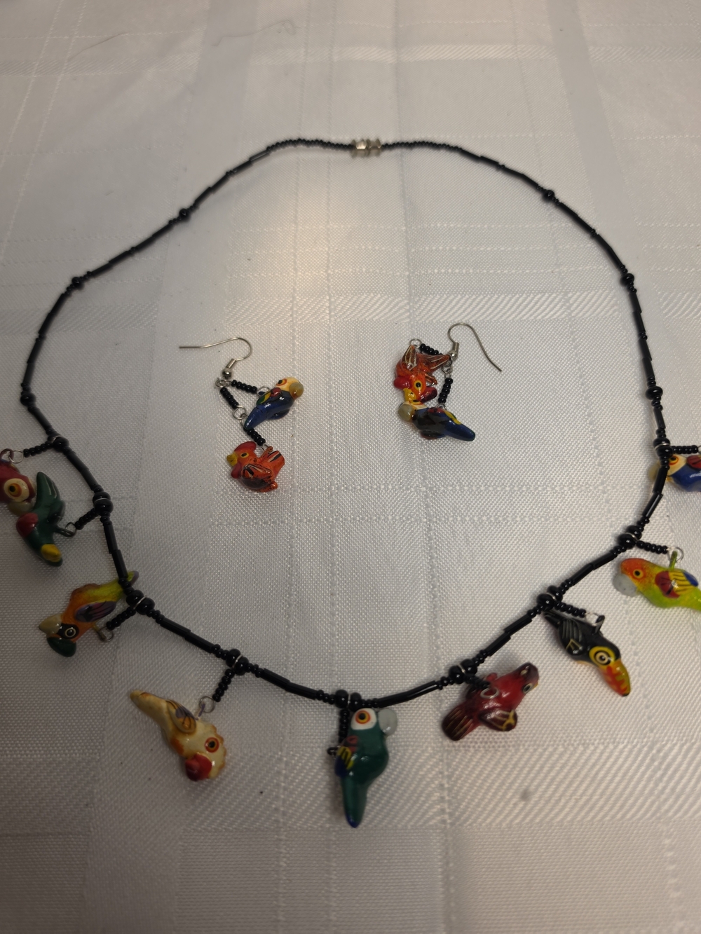 Handmade Vintage  Multicolor Parrot Charm Necklace & Earring Set